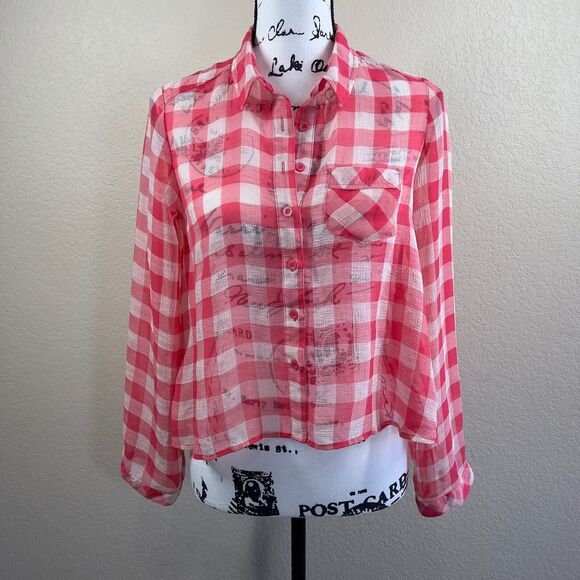 Free people red sheer gingham button down blouse size XS boho western cowgirl - Picture 9 of 14